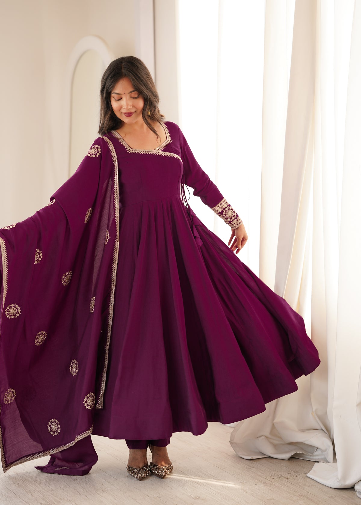 Rich wine-colored Chanderi silk Anarkali For Women's