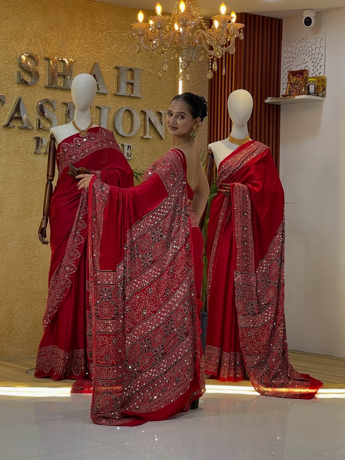 Red Real mirror Work Saree/Karva choth Special