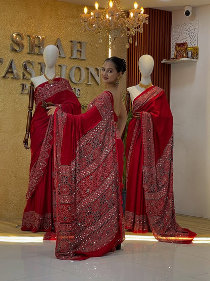 Red Real mirror Work Saree/Karva choth Special