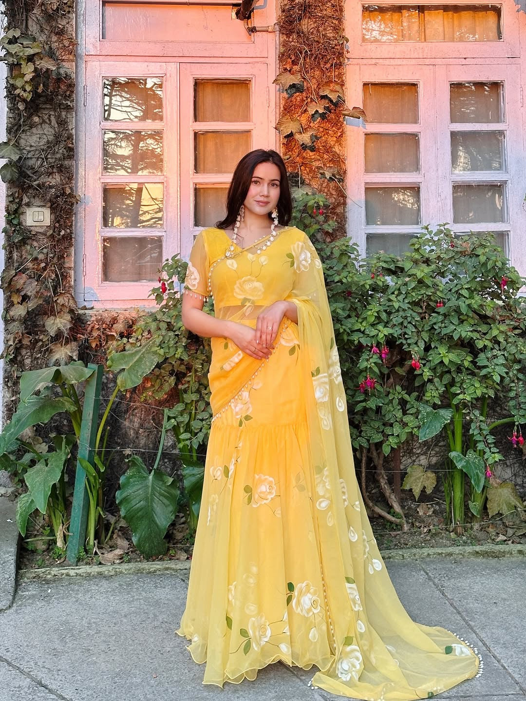 Rose Yellow Fish cut lehenga saree with pearl work border