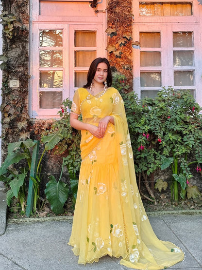 Rose Yellow Fish cut lehenga saree with pearl work border