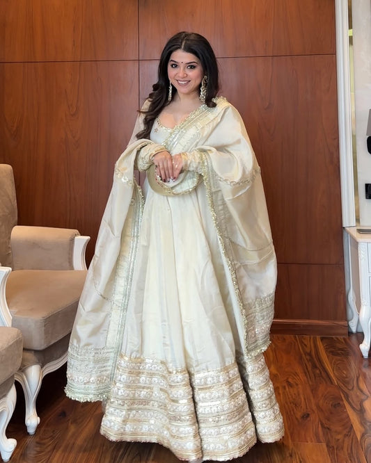 Pure Cotton silk off-white anarkali suite set for women