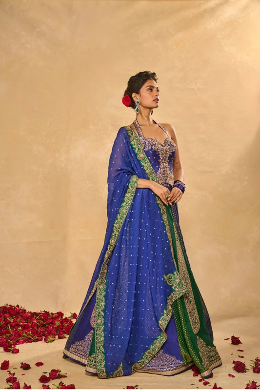 Blue and Green colour fully stitched Women's Indo Western