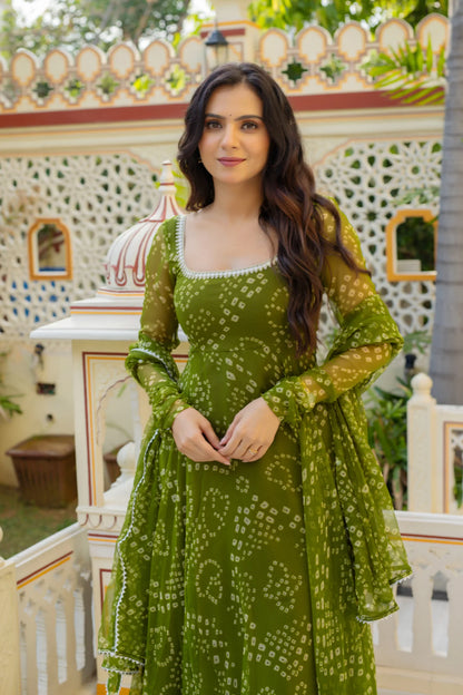 Green Bandhej Anarkali Suite Set For Women