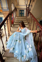 Floral Sky blue Fish cut lehenga saree with pearls work border