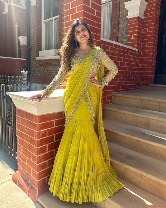 Beads Hand work Lemon Lehenga saree