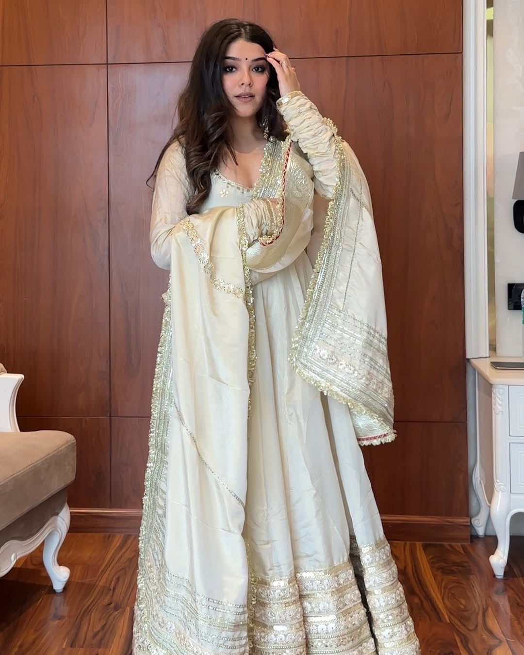 Pure Cotton silk off-white anarkali suite set for women