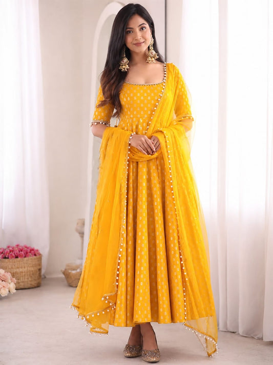 Chanderi Jacquard Butti Anarkali Kurta Set With Pant & Dupatta (Yellow)