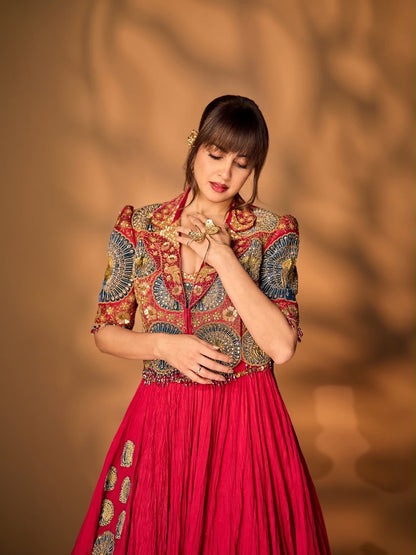 Red Mor Pankh Crop Blazer Skirt