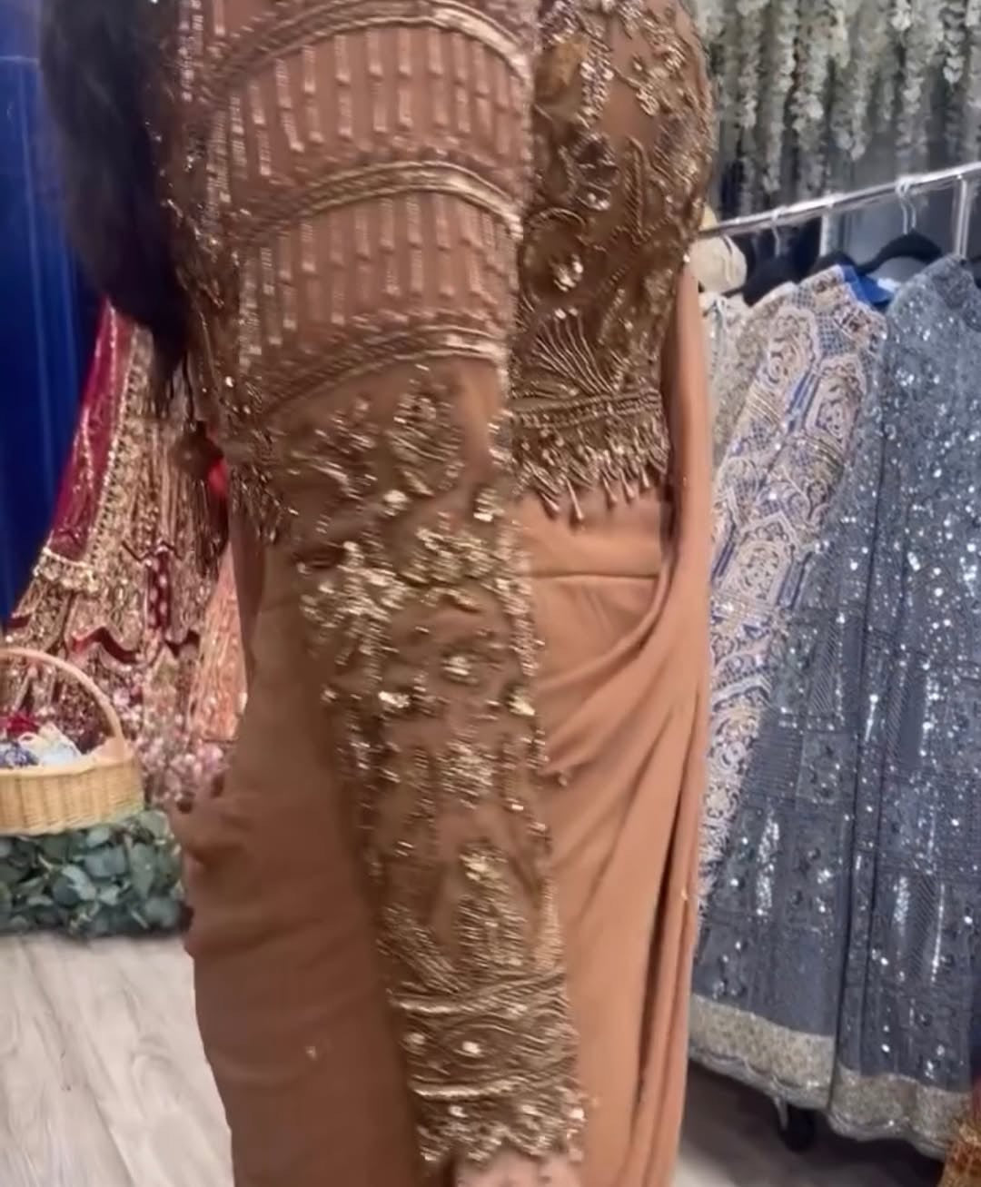 Beads work brown Lehega saree