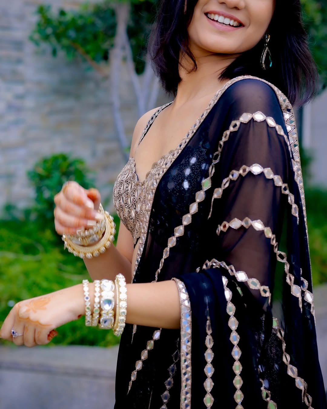 Black Real Mirror Fish Cut Lehenga Saree