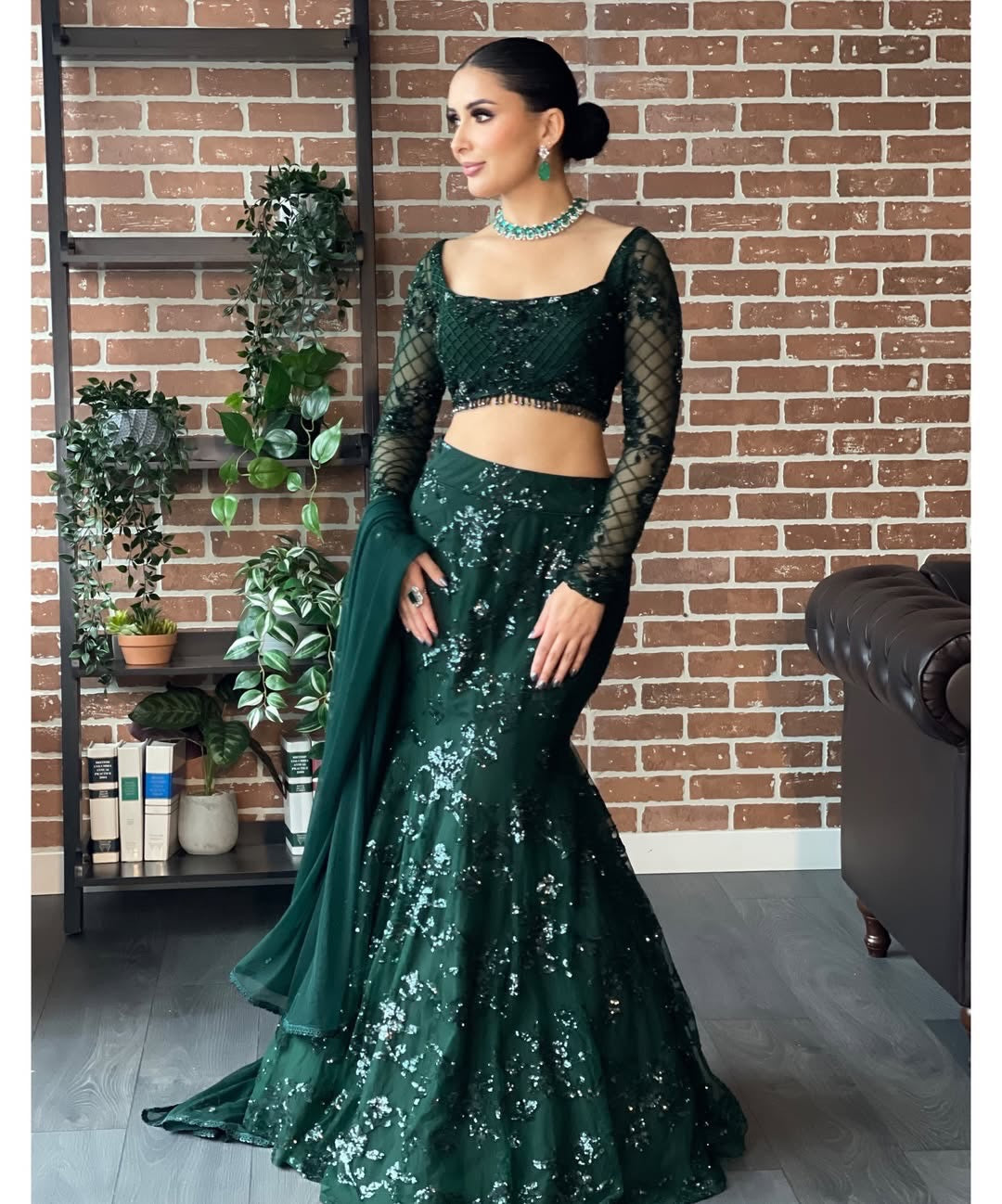 Green Fish Cut Lehenga saree