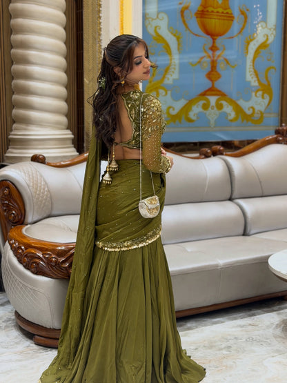 Premium Fendy silk Beads Work Fish Cut Lehenga Saree Prefect For Mahendi/Sangeet