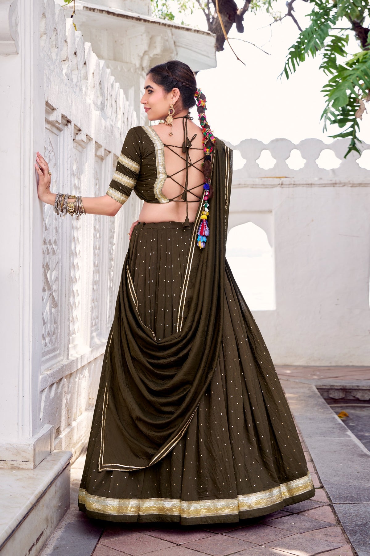Fully stitched Olive green Chanderi lehenga choli
