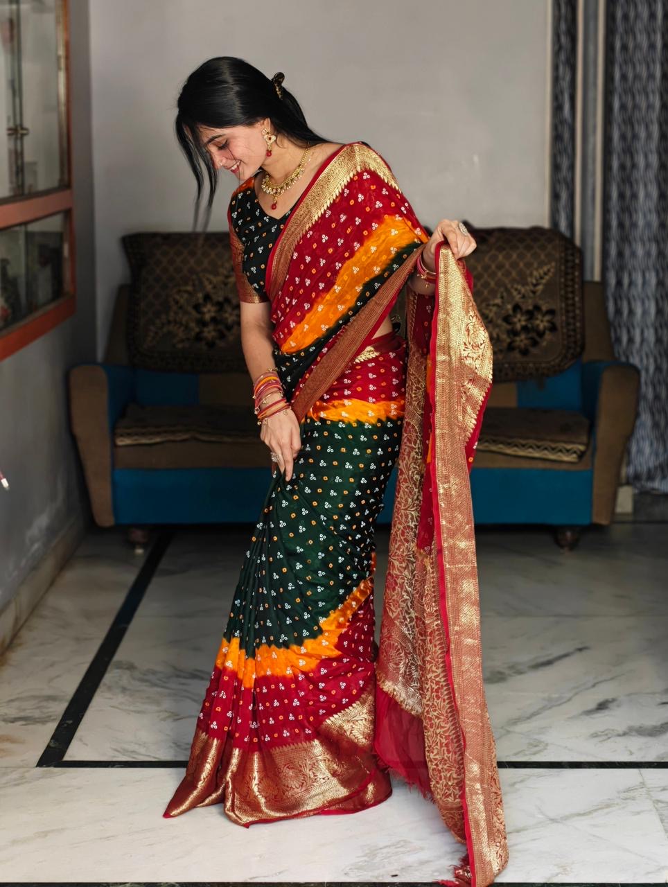New Kanjivaram Bandhani teen danii Saree for Saree
