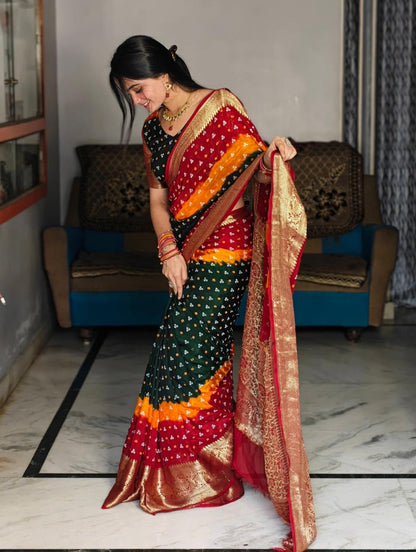 New Kanjivaram Bandhani teen danii Saree for Saree