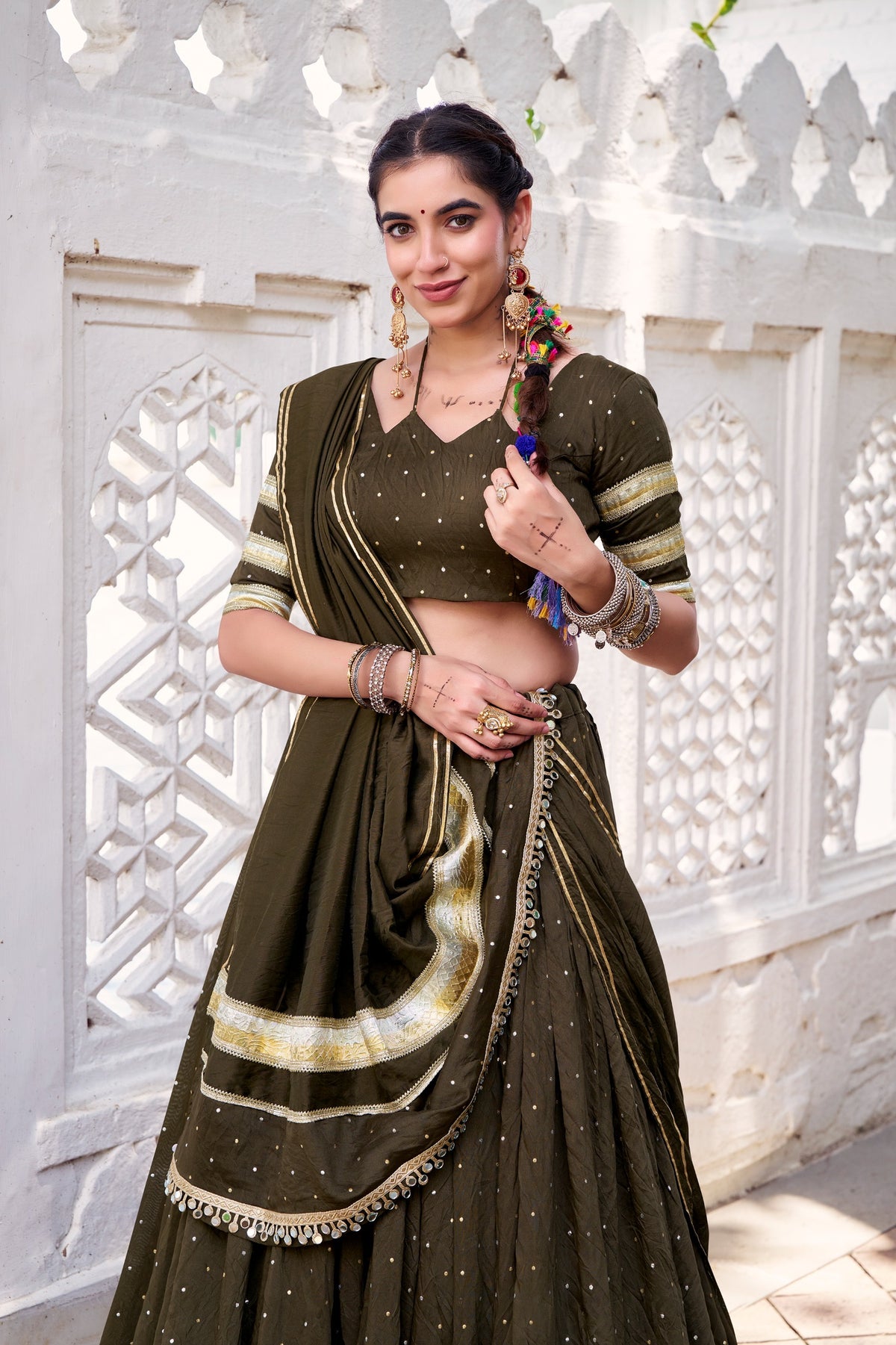 Fully stitched Olive green Chanderi lehenga choli