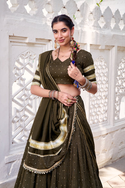 Fully stitched Olive green Chanderi lehenga choli