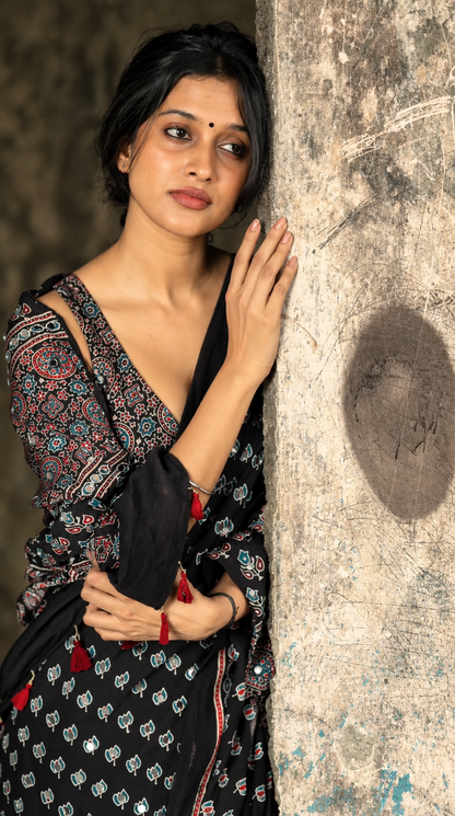 Black modal silk Lotus Designer Saree