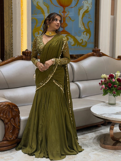 Premium Fendy silk Beads Work Fish Cut Lehenga Saree Prefect For Mahendi/Sangeet