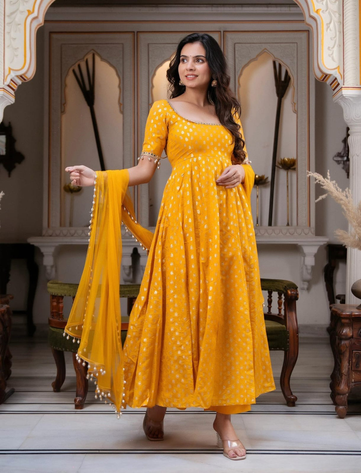 Chanderi Jacquard Butti Anarkali Kurta Set With Pant & Dupatta (Yellow)