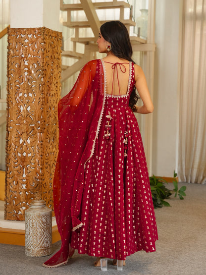 Chanderi Jacquard Butti Anarkali Kurta Set With Pant & Dupatta