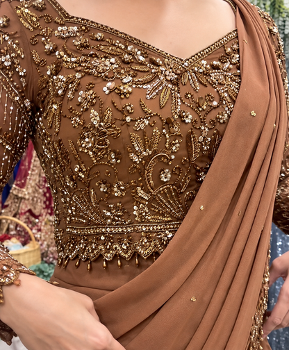 Stylish dusty brown ready-to-wear faux georgette lehenga saree