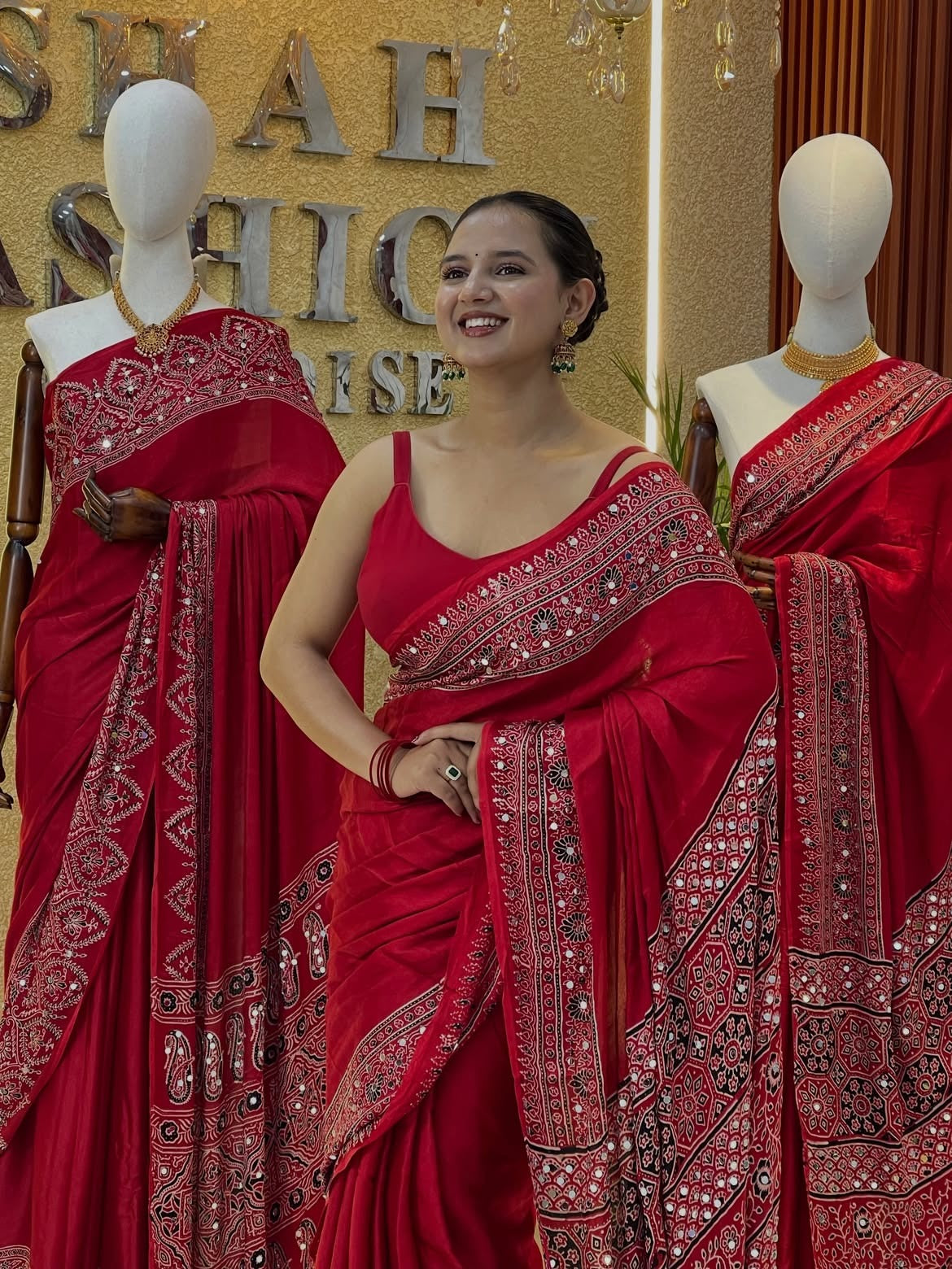 Red Real mirror Work Saree/Karva choth Special