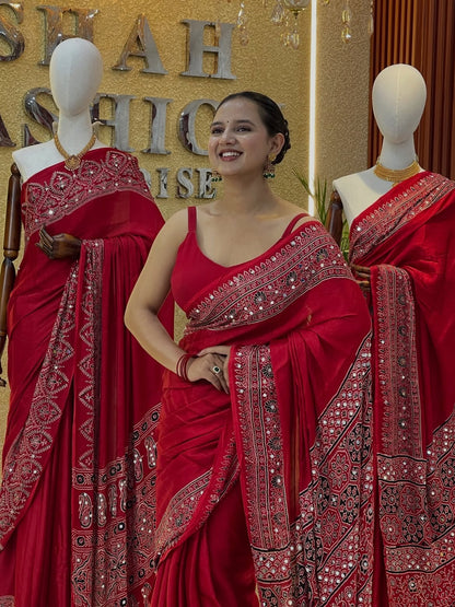 Red Real mirror Work Saree/Karva choth Special