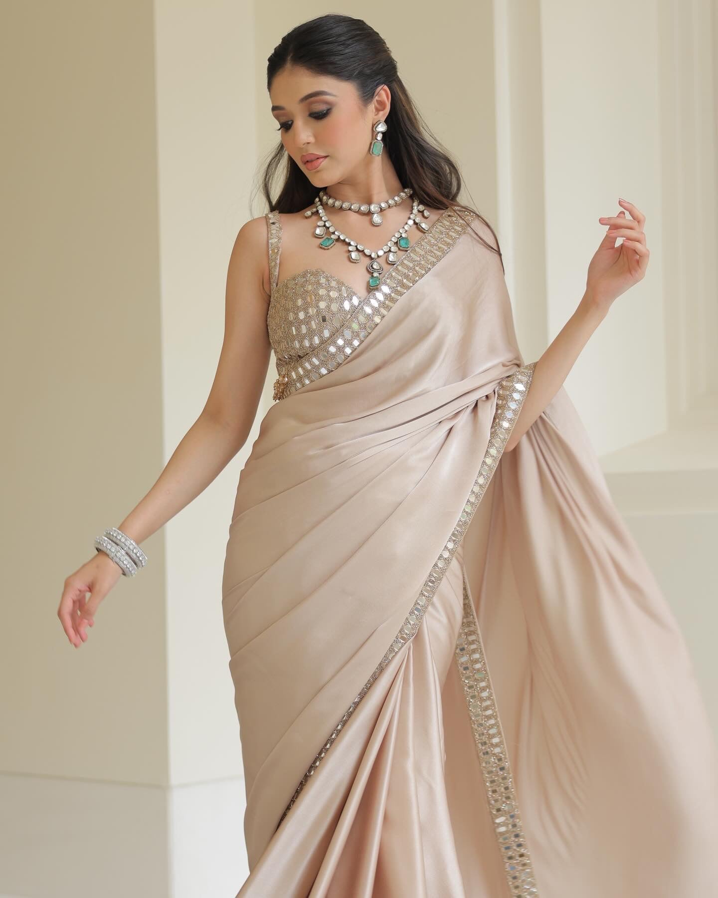 Pure Satin Silk Saree With Real Mirror Work