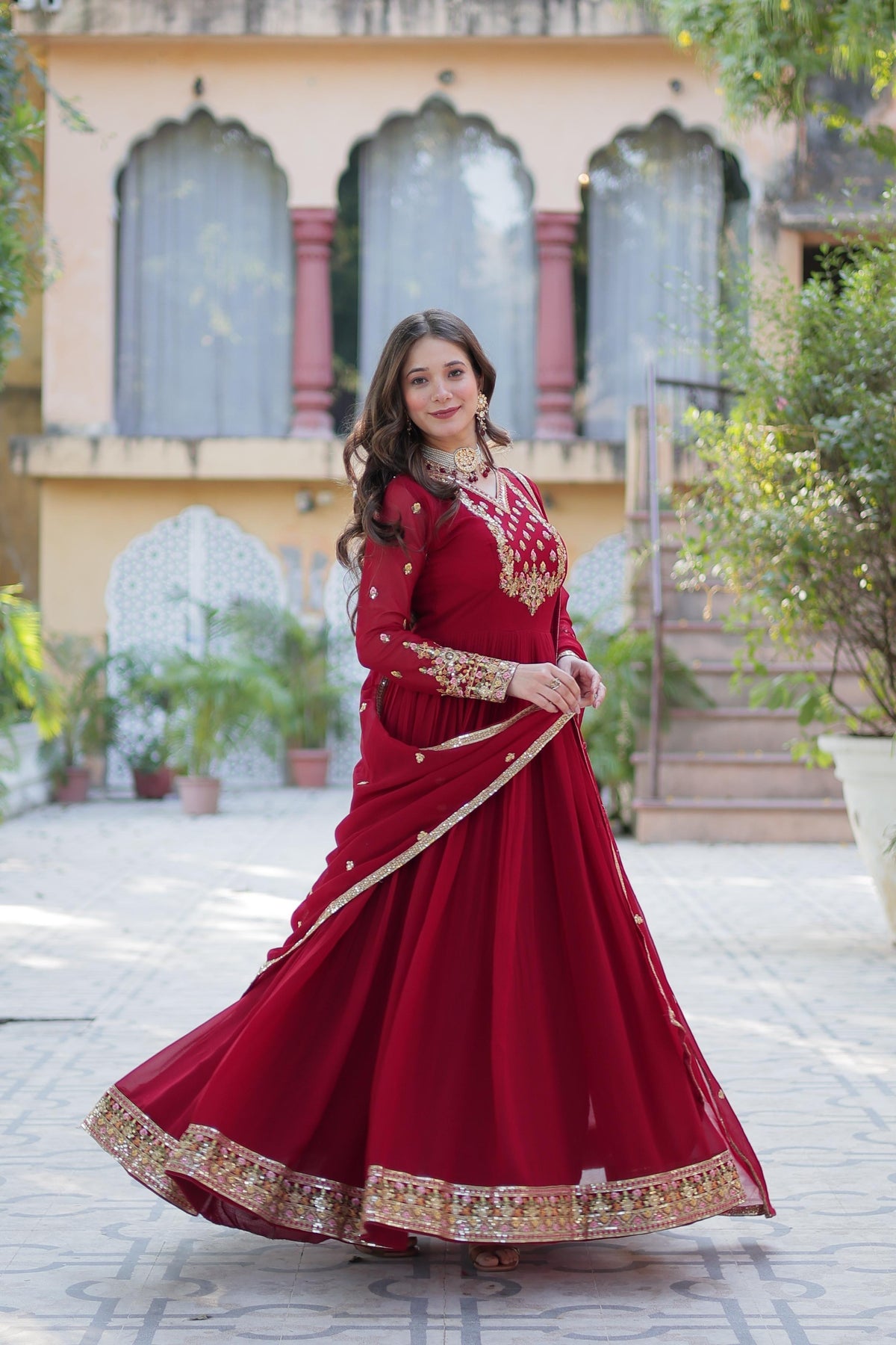 Maroon embroidered V-neck fit and flare maxi ethnic dress with a matching dupatta