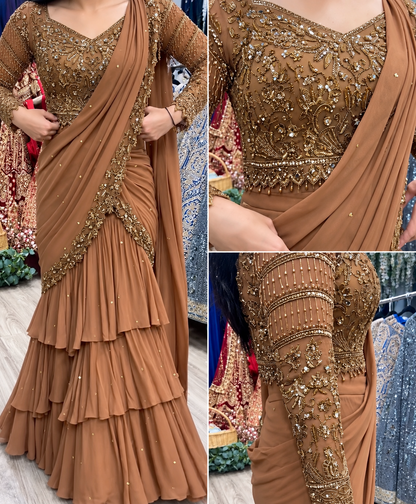 Stylish dusty brown ready-to-wear faux georgette lehenga saree
