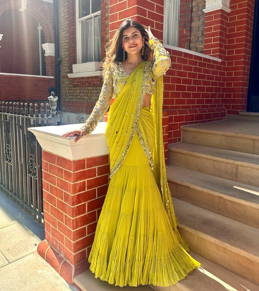 Beads Hand work Lemon Lehenga saree