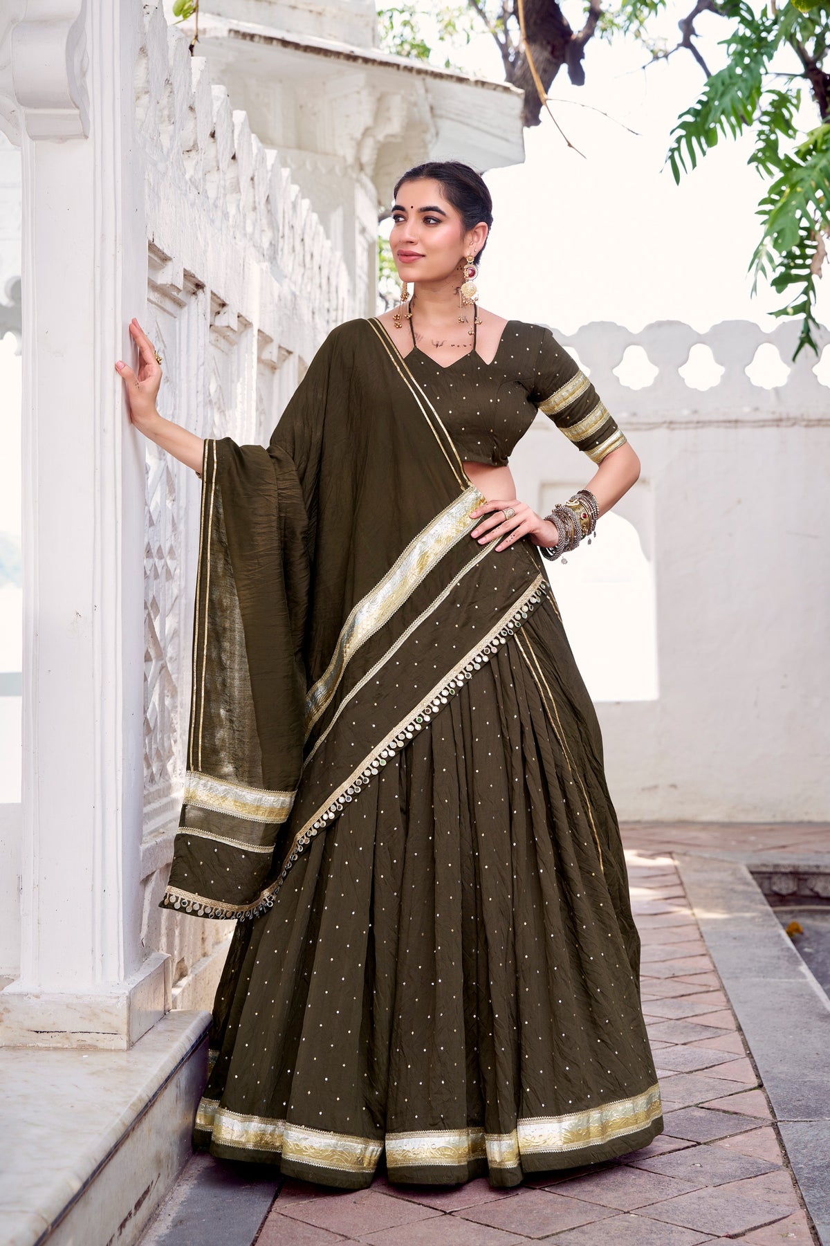 Fully stitched Olive green Chanderi lehenga choli