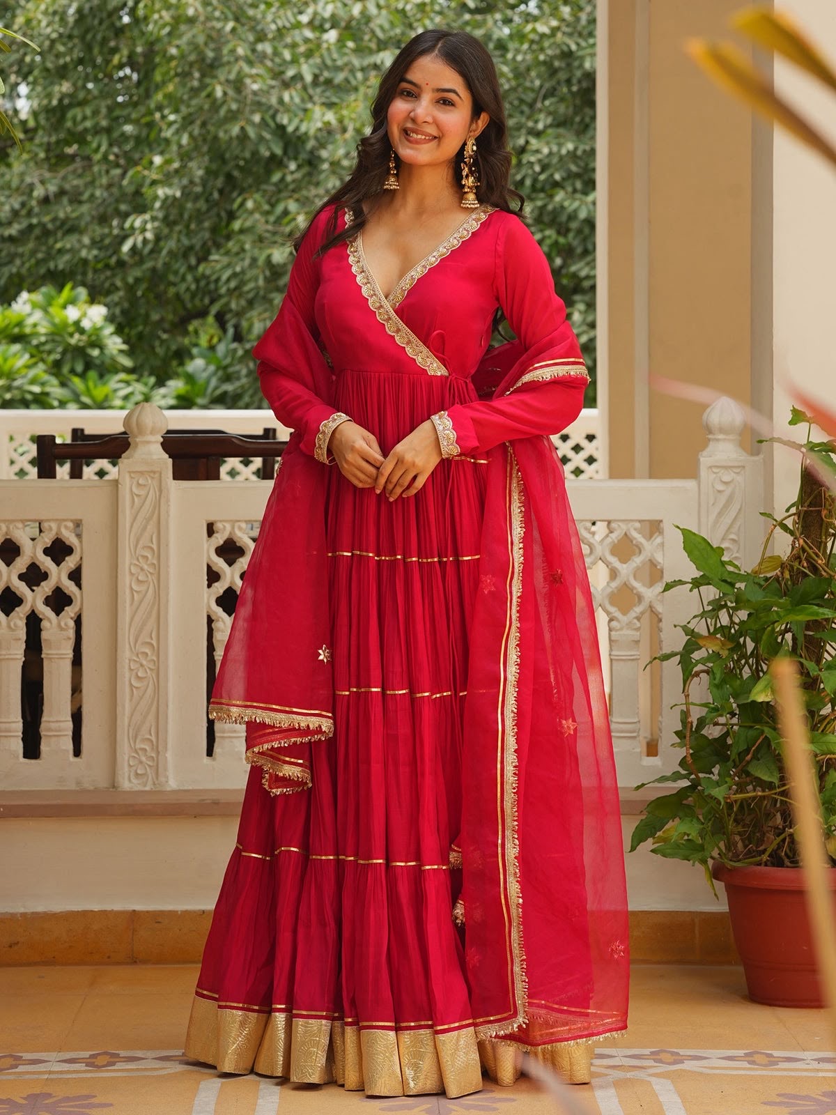 Red Beads Work Anarkali Suite