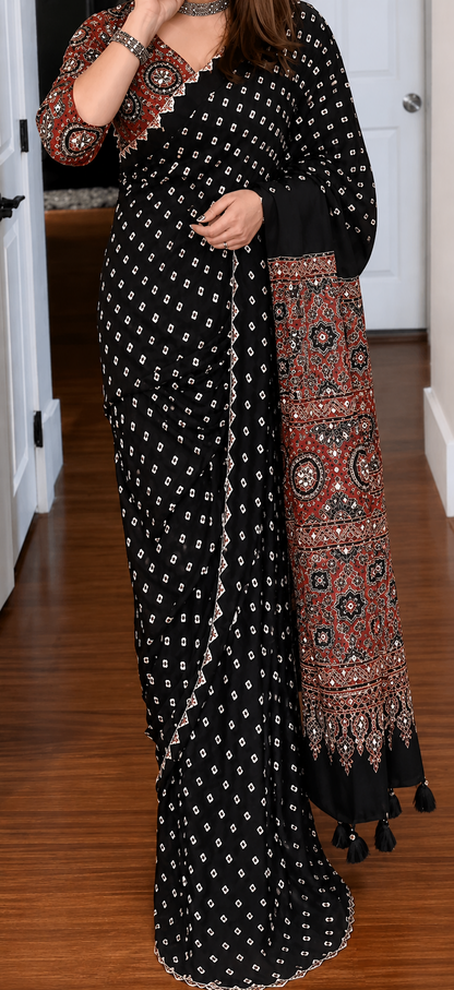 Black Badhej Ajarakh Modal Silk Saree With Real mirror Work