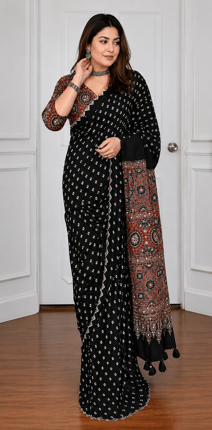 Black Badhej Ajarakh Modal Silk Saree With Real mirror Work