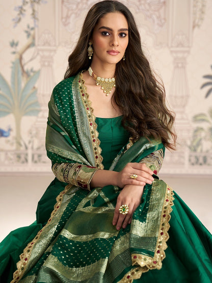 Green long Gown with Banarasi Dupatta