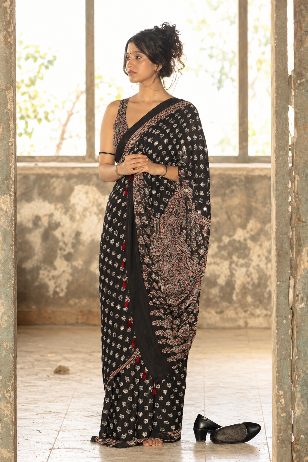 Black modal silk Lotus Designer Saree