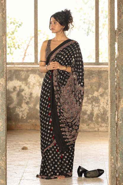 Black modal silk Lotus Designer Saree