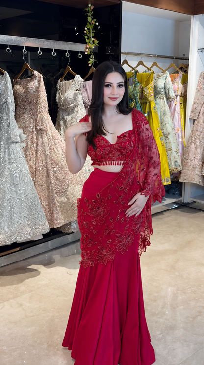 Red Fishcut Lehenga saree