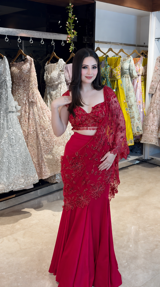 Red Fishcut Lehenga saree