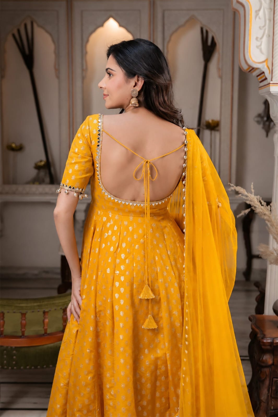 Chanderi Jacquard Butti Anarkali Kurta Set With Pant & Dupatta (Yellow)