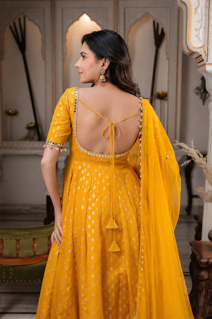 Chanderi Jacquard Butti Anarkali Kurta Set With Pant & Dupatta (Yellow)