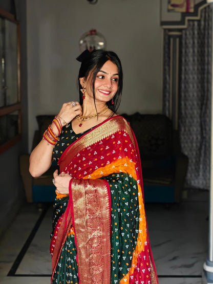 New Kanjivaram Bandhani teen danii Saree for Saree