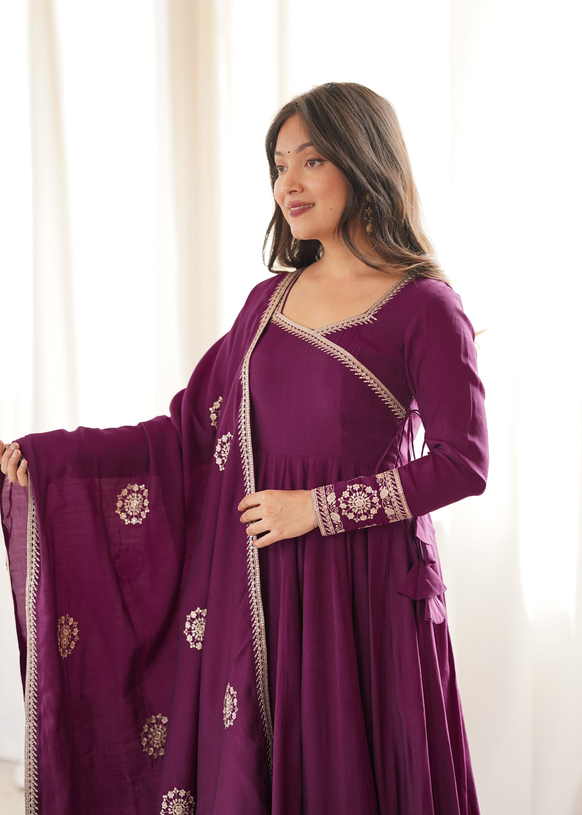 Rich wine-colored Chanderi silk Anarkali For Women's