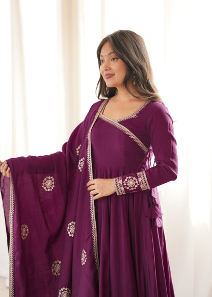 Rich wine-colored Chanderi silk Anarkali For Women's