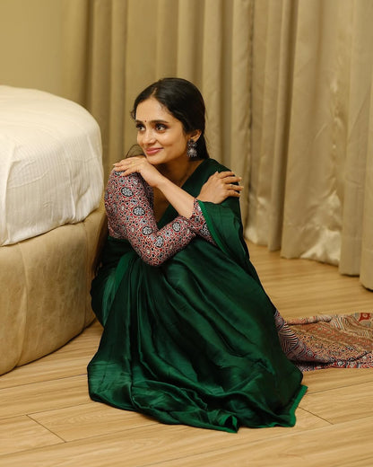 Green Ajarakh model silk saree