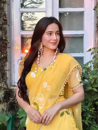 Rose Yellow Fish cut lehenga saree with pearl work border
