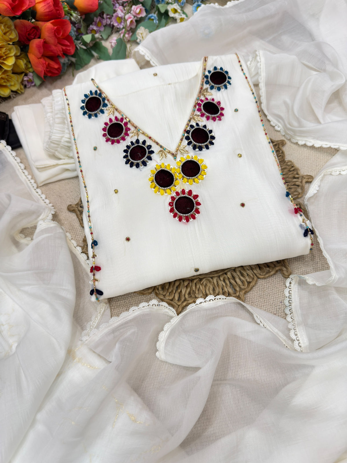 White Chanderi Hand Work Suite For Women